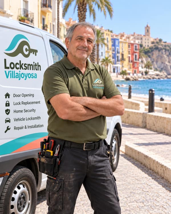 A man in an olive polo and work trousers stands with his arms folded beside a white van on a stone promenade, the sea and a rocky headland behind him.