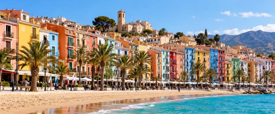 A curve of sandy beach below a long row of tall houses painted pink, yellow, orange, blue and red, with palm trees, café awnings and a bell tower on the hill above.