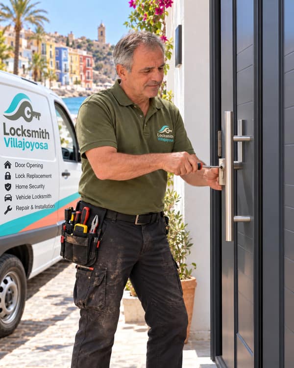 A man in an olive polo works a screwdriver into the cylinder below a long steel bar handle on a dark grey door, with pink bougainvillea above him.